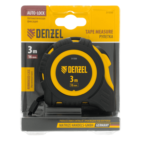 Рулетка DENZEL 3м х 16мм, обрезиненный корпус, автоматическая фиксация