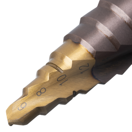 Сверло ступенчатое DENZEL, 6-8-10-12-14-16-18-20-22-24-26-28-30мм, Р6М5К5, 6-гр. хвостовик