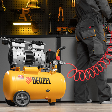 Компрессор безмасляный DENZEL DLS950/24, 950 Вт, 165 л/мин, ресивер 24 л, малошумный