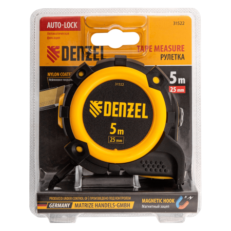 Рулетка DENZEL 31522 5м х 25мм, автоматич. фиксац., нейлон. покрытие, магнит. зацеп, двухстор. разметка