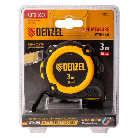 Рулетка DENZEL 31520 3м х 16мм, автоматич. фиксац., нейлон. покрытие, магнит. зацеп, двухстор. разметка