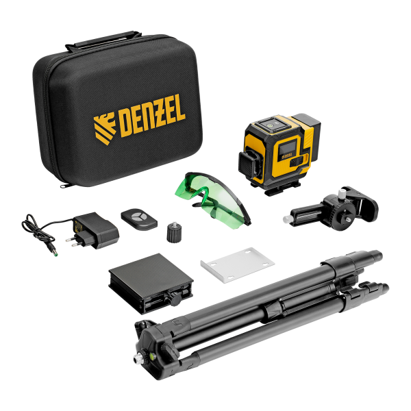Лазерный уровень мультипризменный DENZEL DLV-360-3T, 30 м, зеленый луч, Li-Ion 2,4 Aч, штатив