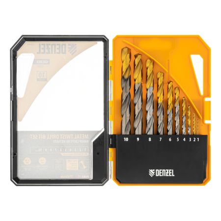 Набор сверл по металлу DENZEL, 1-10 мм, Р6М5-TiN, Golden Tip, 10 шт