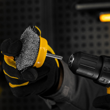 Щетка для дрели DENZEL, 75 мм, Чашка, со шпилькой, нержавеющая витая проволока