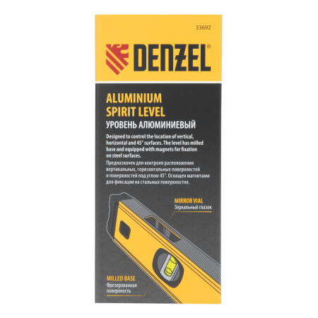 Уровень алюминиевый DENZEL магнит., фрезерованный, 3 глазка (1 зеркал.), 0,5 мм/м, 800 мм
