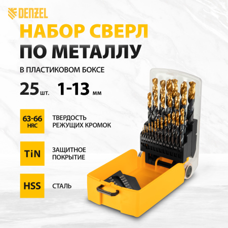 Набор сверл по металлу DENZEL 1-13 мм, HSS-Tin, Golden Tip, 25 шт