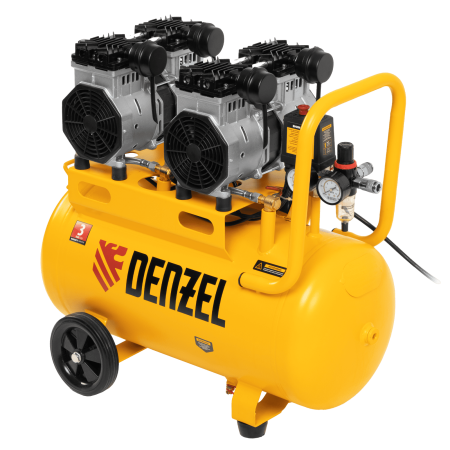Компрессор безмасляный, малошумный DENZEL DLS 2200/50, 2200 Вт, 2x1100, 50 л, 380 л/мин