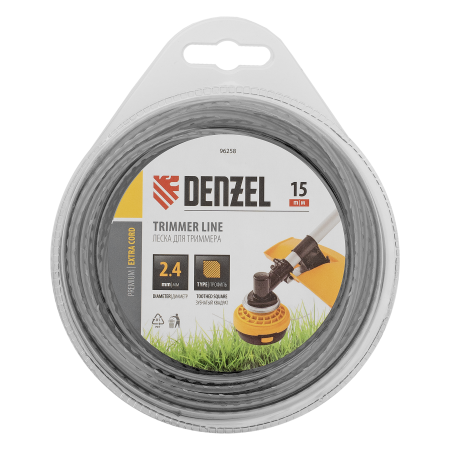 Леска для триммера DENZEL 96258 двухкомпонентная зубчатый квадрат, 2,4мм х 15м, блистер EXTRA CORD