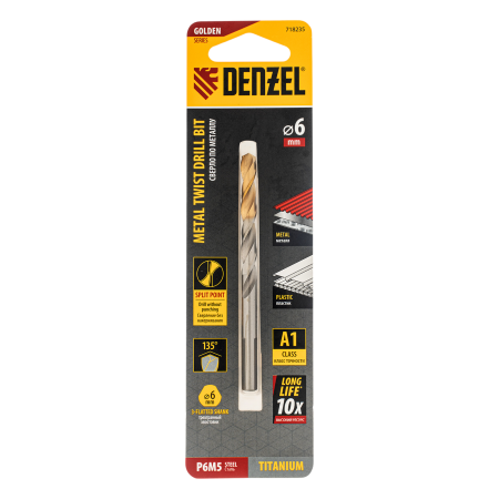 Сверло спиральное по металлу DENZEL 6 x 93 мм, Р6М5, Golden Tip