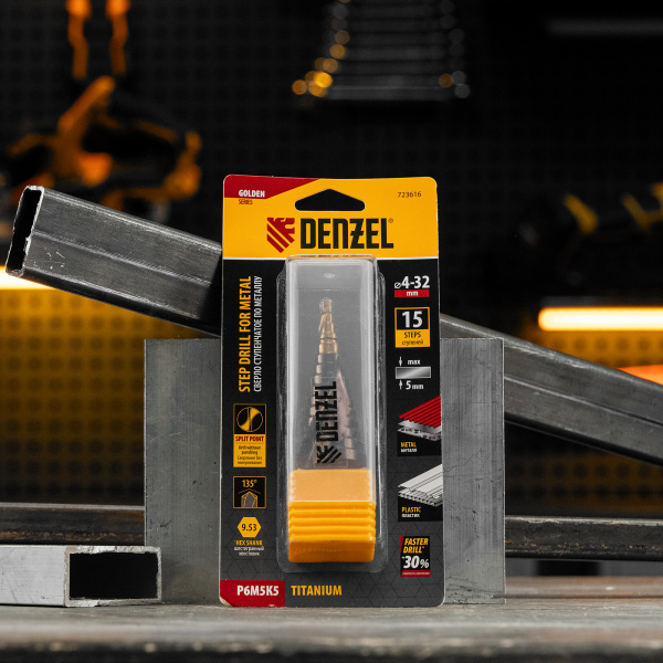 Сверло ступенчатое DENZEL, 4-6-8-10-12-14-16-18-20-22-24-26-28-30-32 мм, Р6М5К5, 6-гр. хвостовик