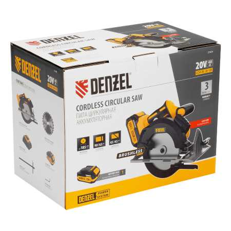 Пила циркулярная аккумуляторная бесщет. DENZEL CCSH-BL-20-185, 185 мм, Li-Ion, 20 В