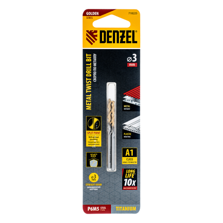 Сверло спиральное по металлу DENZEL 3 x 60 мм, Р6М5, Golden Tip, 2шт.