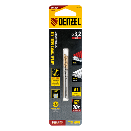 Сверло спиральное по металлу DENZEL 3,2 x 65 мм, Р6М5, Golden Tip, 2шт.