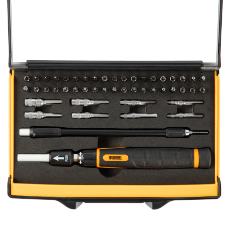 Отвертка с набором бит и торцевых головок DENZEL для точных работ, гибкий привод, 48 шт, CrMo