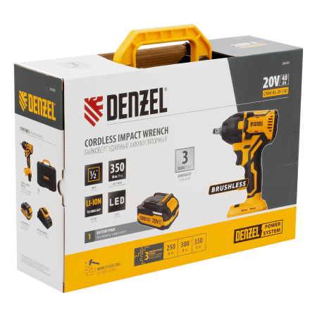 Гайковерт ударный аккумуляторный бесщет. DENZEL CIWH-BL-20-350, Li-Ion, 20 В