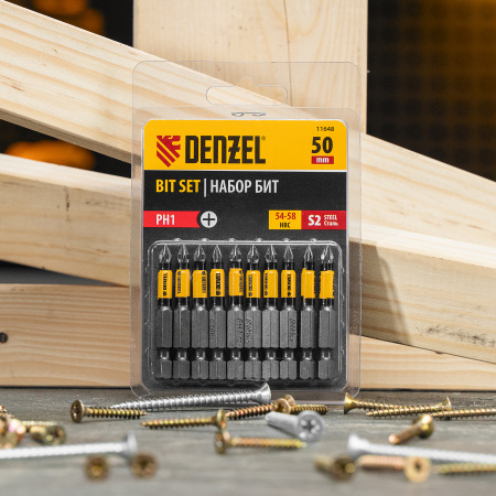 Бита DENZEL PH1х50, сталь S2, цилиндр., 10 шт. Е 6,3