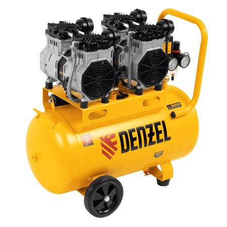 Компрессор безмасляный, малошумный DENZEL DLS 2200/50, 2200 Вт, 2x1100, 50 л, 380 л/мин
