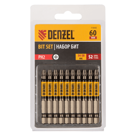 Бита DENZEL PH2х60, сталь S2, цилиндр., 10 шт. Е 6,3