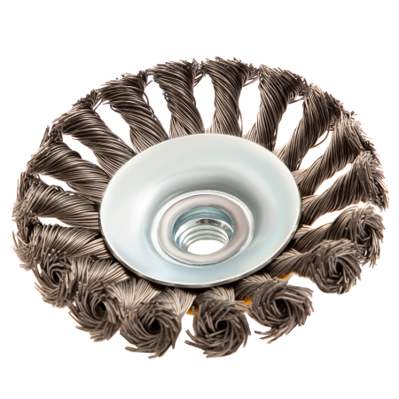 Щетка для УШМ DENZEL 746093, 100 мм, «тарелка», крученая нержавеющая проволока 0.5 мм, М14