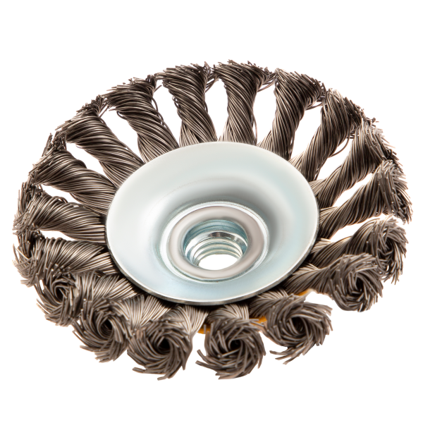 Щетка для УШМ DENZEL 746093, 100 мм, «тарелка», крученая нержавеющая проволока 0.5 мм, М14