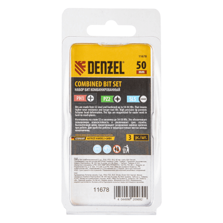 Набор бит комбинированный DENZEL 3 шт., PH2, PZ2, SL5, 50 мм, сталь S2