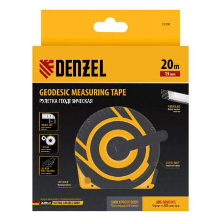 Рулетка геодезическая DENZEL 20 м х 15 мм, закрытый корпус, фиберглассовая лента