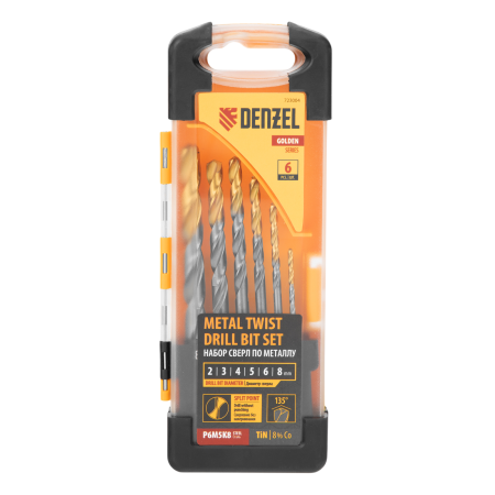 Набор сверл по металлу DENZEL, 2-8мм, Р6М5К8-TiN, Golden Tip, 6 шт