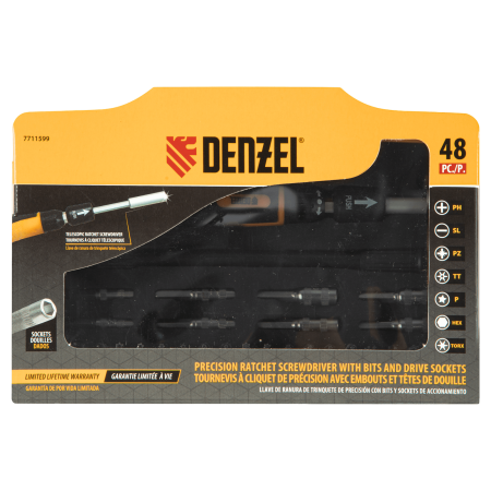 Отвертка с набором бит и торцевых головок DENZEL для точных работ, гибкий привод, 48 шт, CrMo