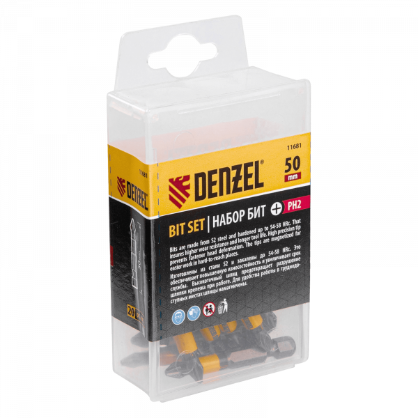 Бита DENZEL PH2х25, сталь S2, 20 шт., пластиковая коробка, Е 6,3