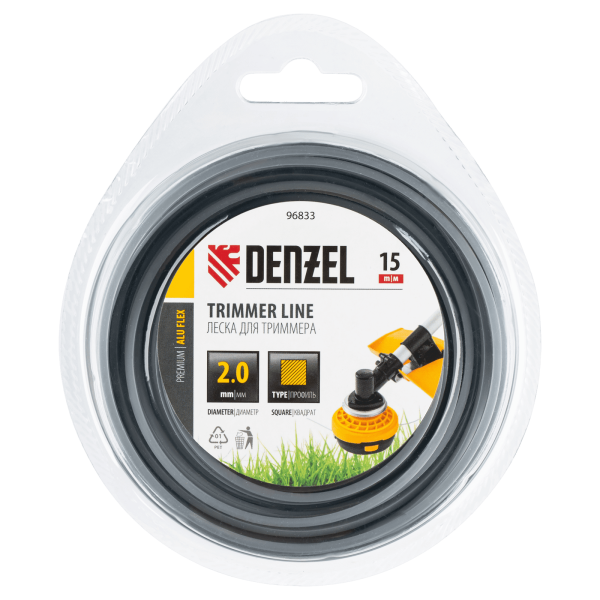 Леска для триммера DENZEL армированная алюминием квадратная, 2,0мм х 15м, блистер ALUFLEX