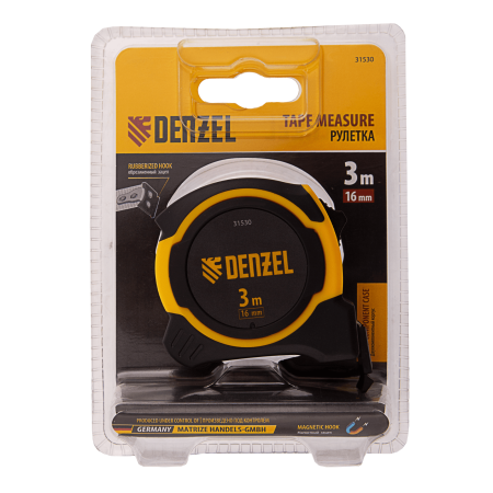 Рулетка DENZEL 3м х 16мм, двухкомп. корпус, магнитный обрезиненный зацеп