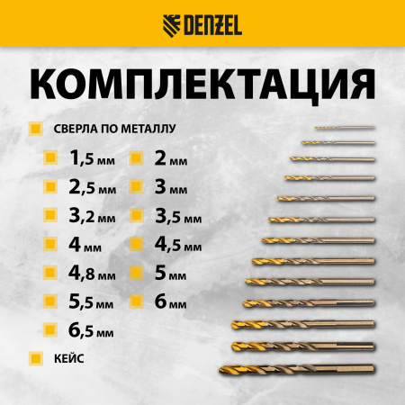 Набор сверл по металлу DENZEL, 1,5-6,5мм, Р6М5К8-TiN, Golden Tip, 13 шт