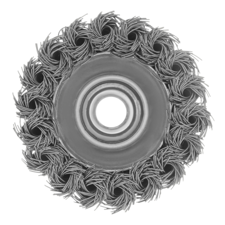 Щетка для УШМ DENZEL 746243, 75 мм, «чашка», крученая нержавеющая проволока 0.5 мм, М14
