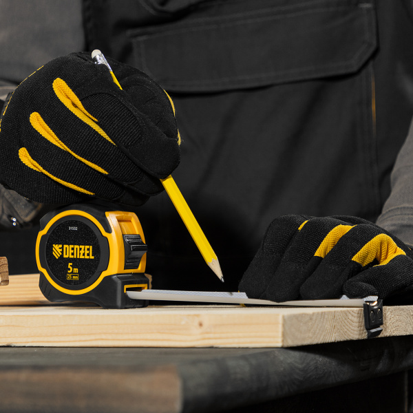 Рулетка DENZEL 5м х 25мм, двухкомп. корпус, магнитный обрезиненный зацеп