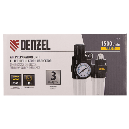 Блок подготовки воздуха регулятор-фильтр-лубрикатор DENZEL FLR1500, 10 бар, 1500 л/мин, 1/4