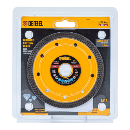 Диск алмазный отрезной DENZEL 125 х 22,2мм, сплошной, супертонкий, горячий пресс, сухой/мокрый рез