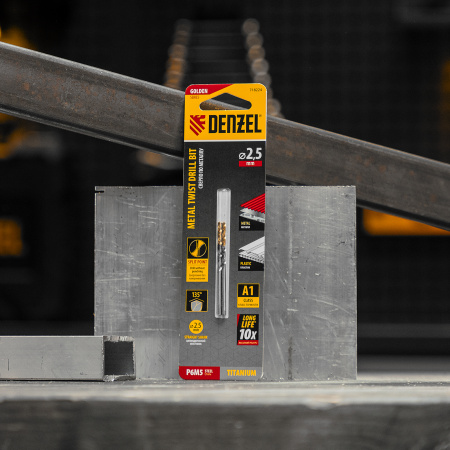 Сверло спиральное по металлу DENZEL 2,5 x 57 мм, Р6М5, Golden Tip, 2шт.
