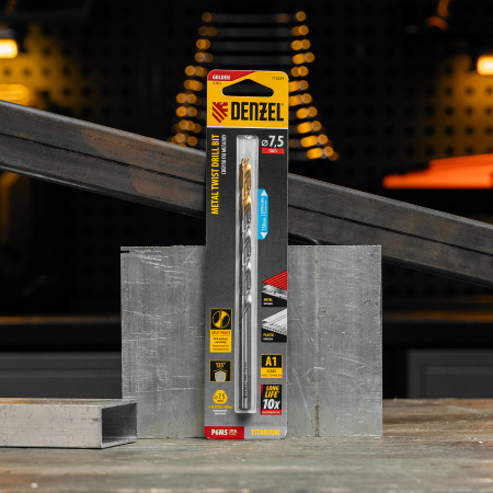 Сверло спиральное по металлу DENZEL 7,5 х 156 мм, Р6М5, Golden Tip, удлиненное