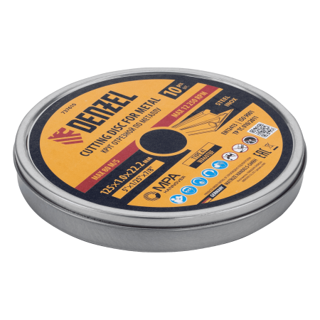 Круг отрезной по металлу DENZEL 125 х 1,0 х 22,2 мм, WA60TBF, в метал.банке, 10 шт.