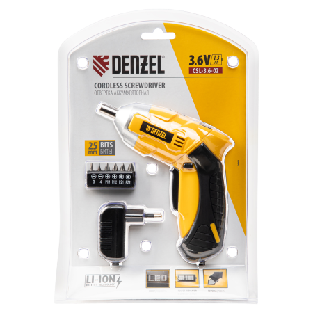 Отвертка DENZEL CSL-3.6-02, с аккумулятором 3.6 В Li-Ion, 1.3 Ач, в блистере