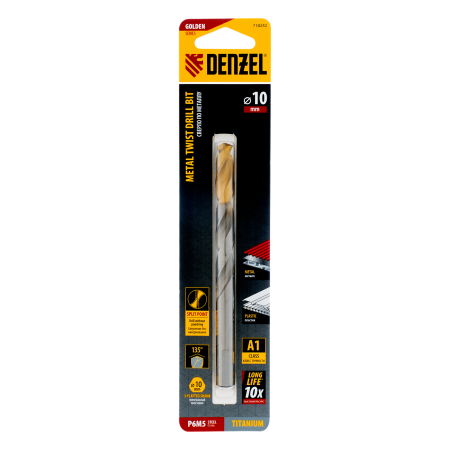 Сверло спиральное по металлу DENZEL 10 x 133 мм, Р6М5, Golden Tip 