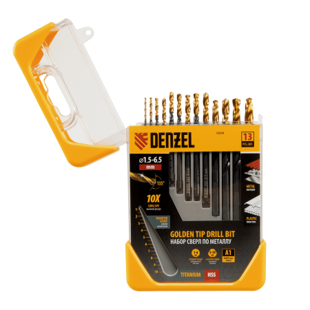 Набор сверл по металлу DENZEL 1,5-6,5 мм, HSS-Tin, Golden Tip, 13 шт
