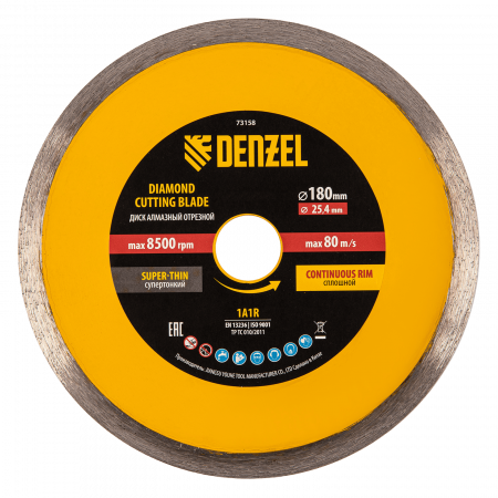 Диск алмазный сплошной DENZEL супертонкий, 180 х 25,4 мм, горячее прессование, мокрое резание