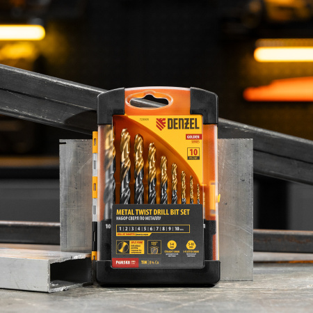 Набор сверл по металлу DENZEL, 1-10 мм, Р6М5К8-TiN, Golden Tip, 10 шт