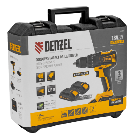 Дрель-шуруповерт аккумуляторная ударная бесщет DENZEL CIDB-IB-18-02, Li-Ion, 18 В, 2 акк.