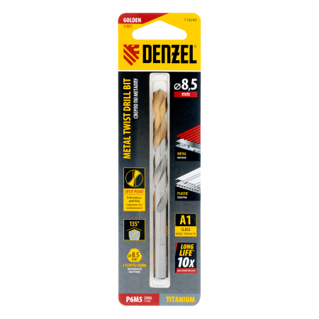 Сверло спиральное по металлу DENZEL 8,5 x 117 мм, Р6М5, Golden Tip