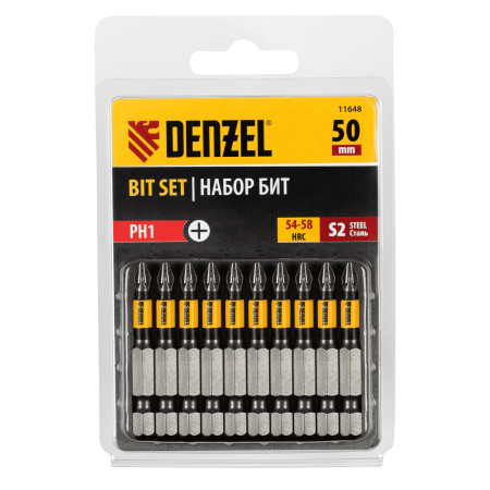Бита DENZEL PH1х50, сталь S2, цилиндр., 10 шт. Е 6,3