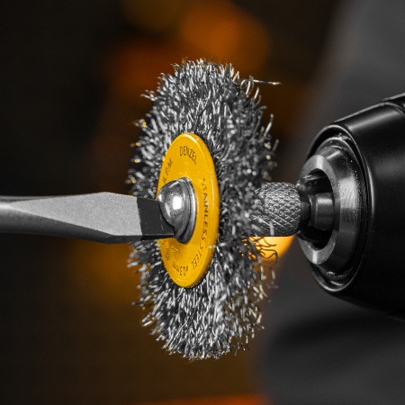 Набор щеток для дрели DENZEL, 5 Плоских 25-38-50-63-75 мм, шпилька, нерж. вит. проволока