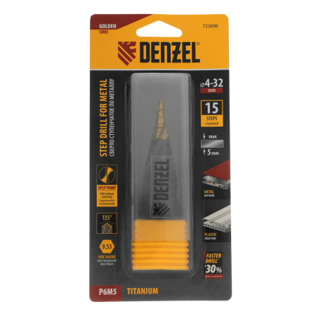 Сверло ступенчатое DENZEL, 4-6-8-10-12-14-16-18-20-22-24-26-28-30-32 мм, Р6М5, 6-гр. хвостовик
