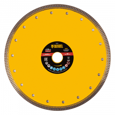 Диск алмазный отрезной DENZEL 230 х 22,2мм, сплошной, супертонкий, горячий пресс, сухой/мокрый рез